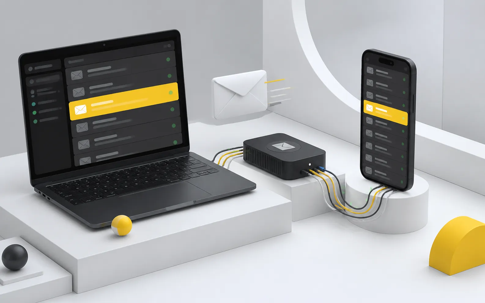 Illustration of business email connected to a website and team inboxes
