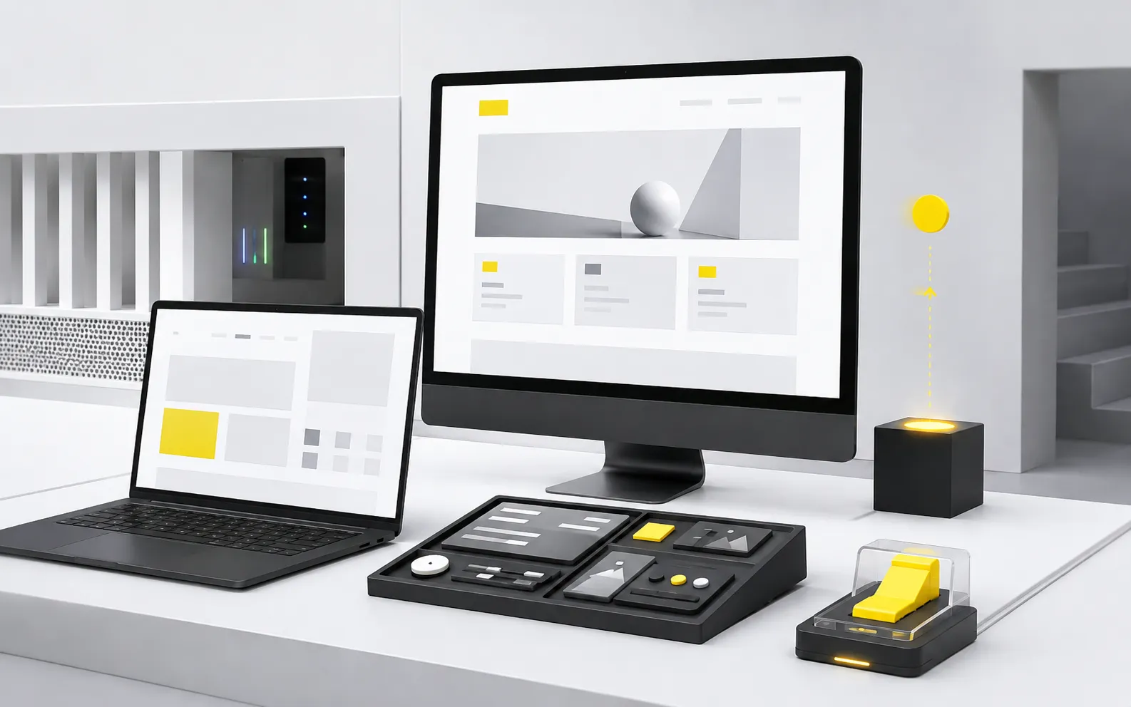 Illustration of website page modules being assembled through launch