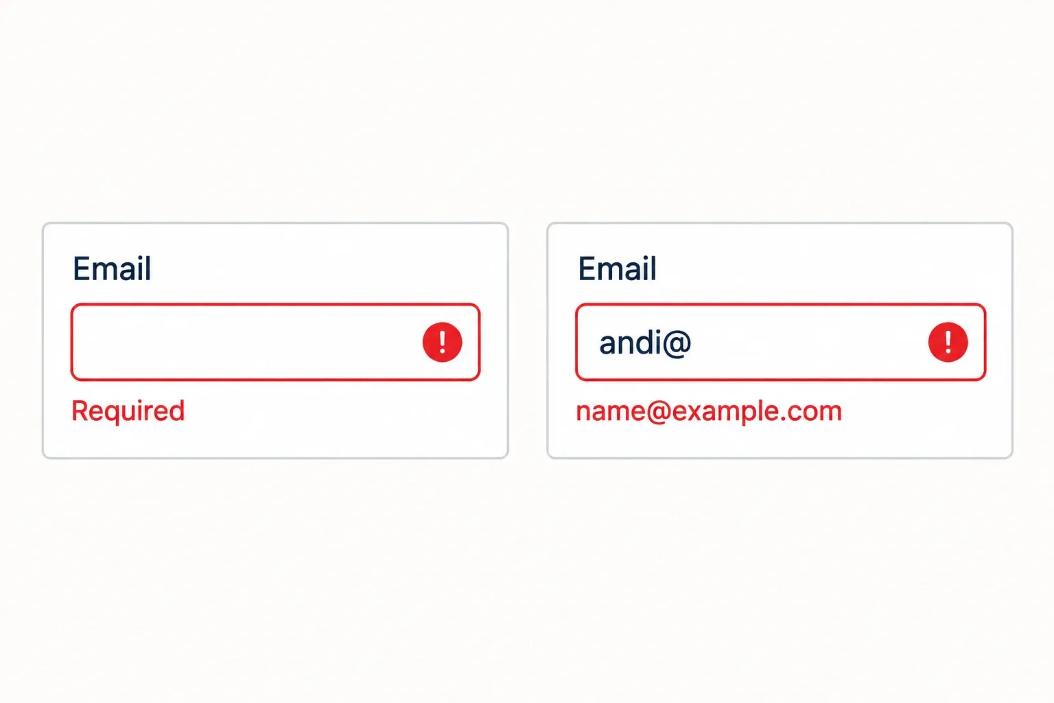 An empty email field and an incomplete andi@ address show validation messages below the fields