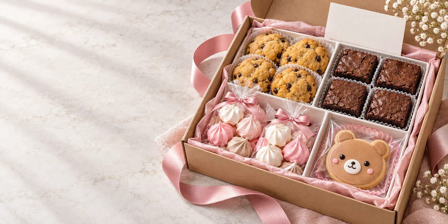 Visual website Sweetalicious: bingkisan kue, cookies, dan meringue dengan pita rose.