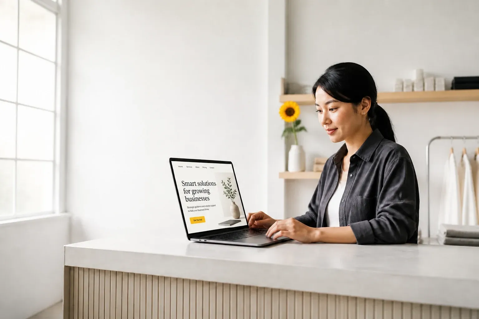 An Indonesian business owner using a laptop in a bright business workspace