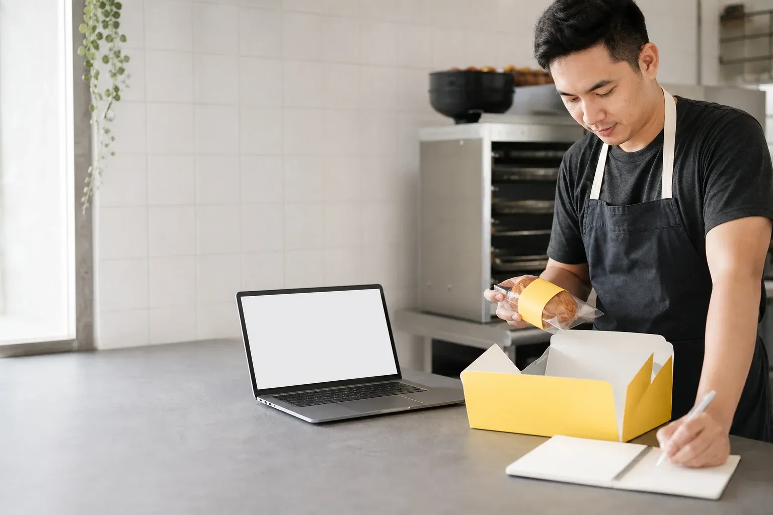 A food-business owner preparing a product launch while working beside a laptop