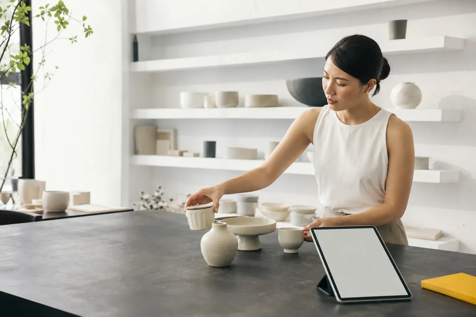 A product-studio owner arranging a collection beside a tablet for an online catalog