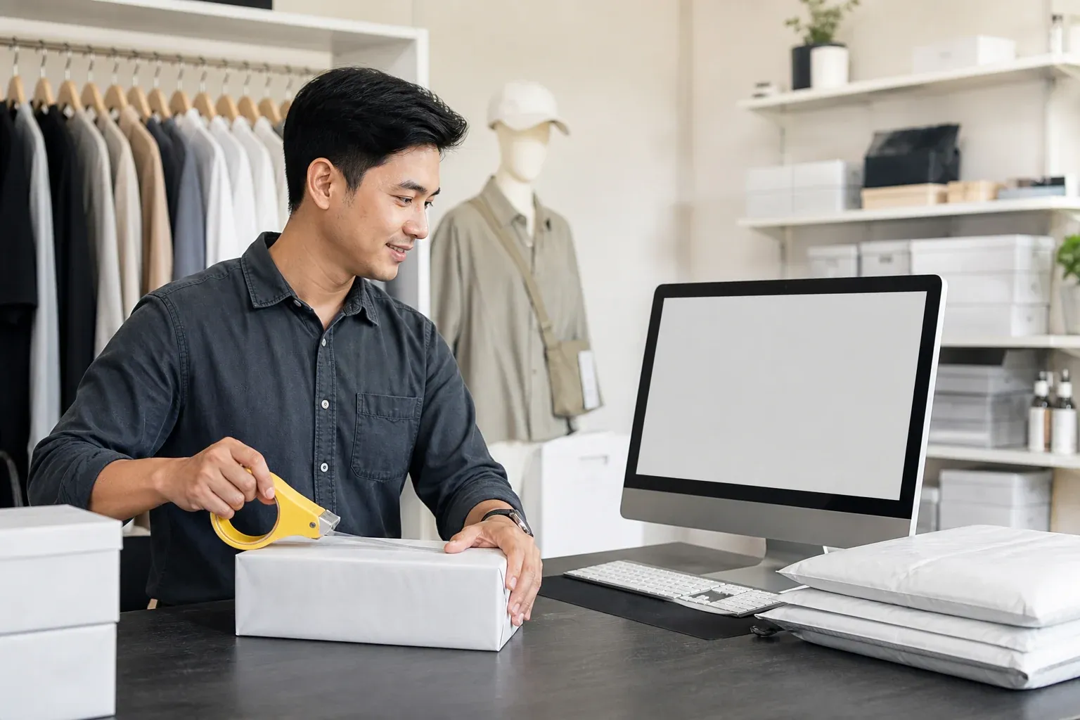 A shop owner preparing an order beside a computer used to manage an online store