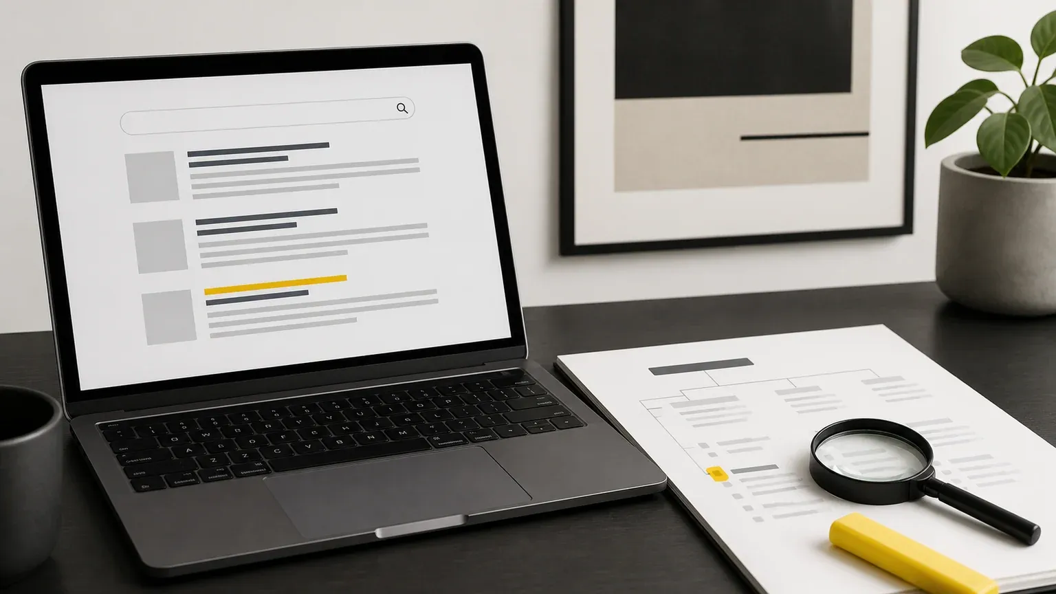 Editorial workbench with a magnifier, search-result cards, and a primary-color website structure