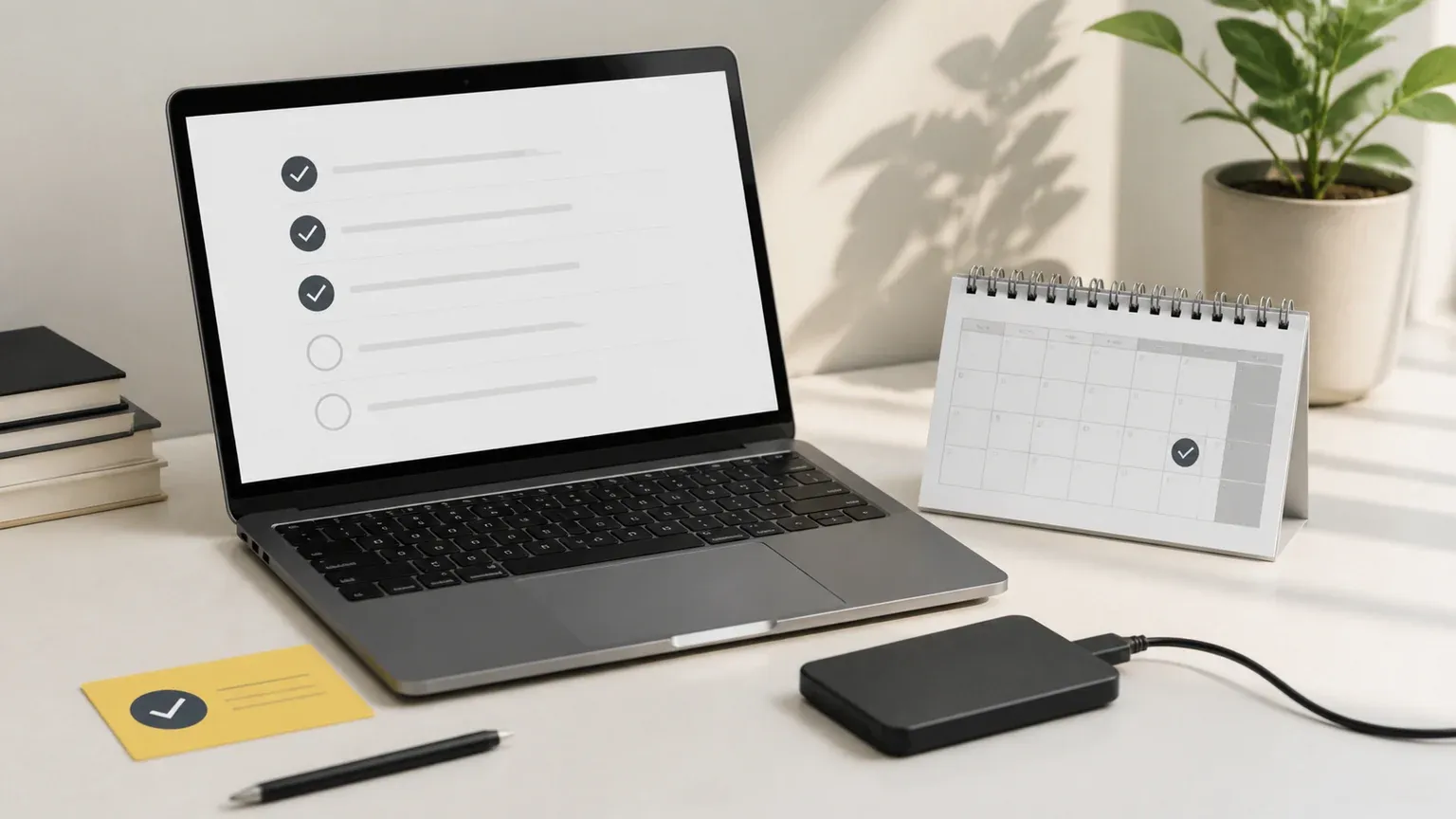 Kalender perawatan, kartu backup, kunci akses, dan checklist pemeriksaan website
