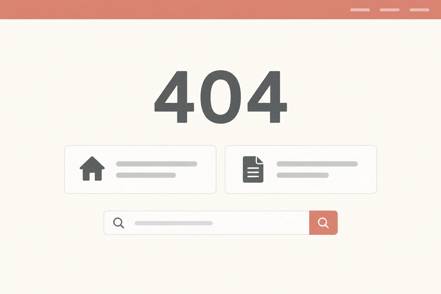 An example 404 page with home and document options and a search field