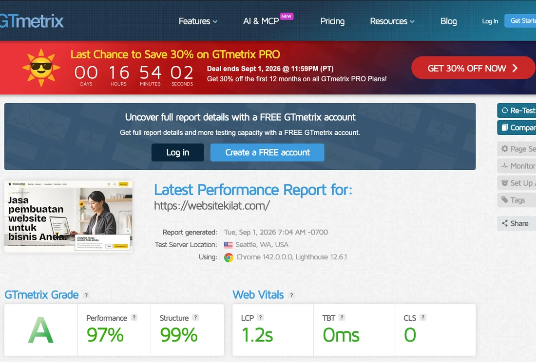 Ringkasan GTmetrix websitekilat.com dengan Grade A, performa 97 persen, dan struktur 99 persen