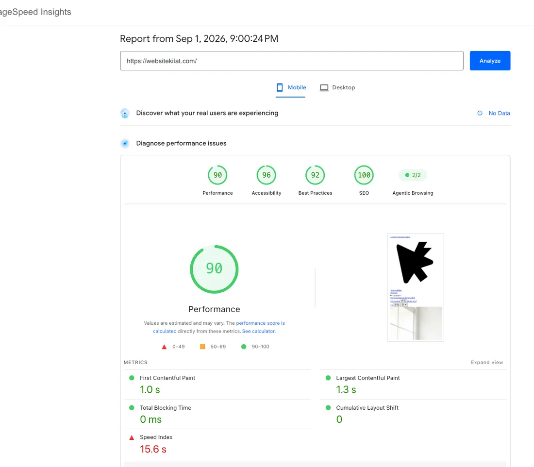 Ringkasan Google PageSpeed Insights untuk websitekilat.com pada 1 September 2026
