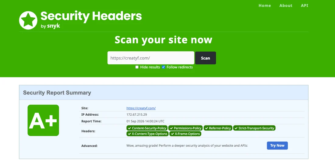 Contoh laporan SecurityHeaders A+ dari snapshot armada WebsiteKilat