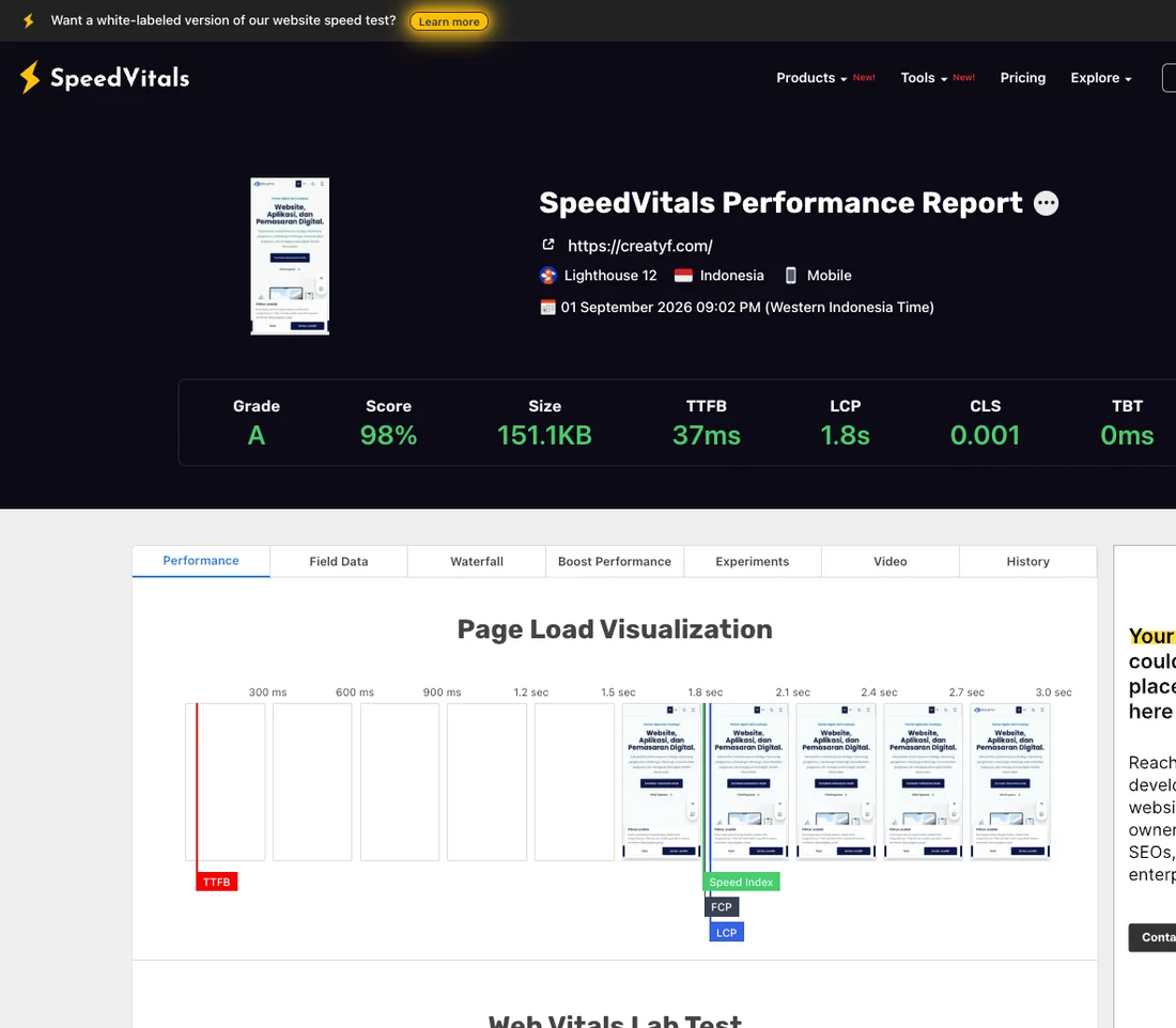 Contoh laporan SpeedVitals dengan nilai A dari snapshot armada WebsiteKilat