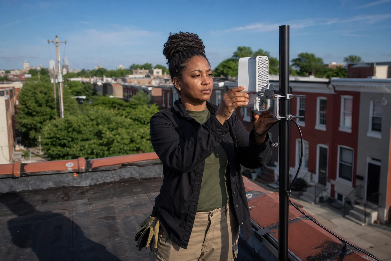 Koordinator koperasi Black memeriksa perangkat broadband lingkungan di atas deretan rumah Baltimore.