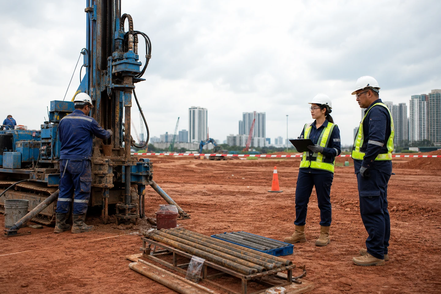 Rig pengeboran dan tim geoteknik di lokasi investigasi borehole perkotaan.