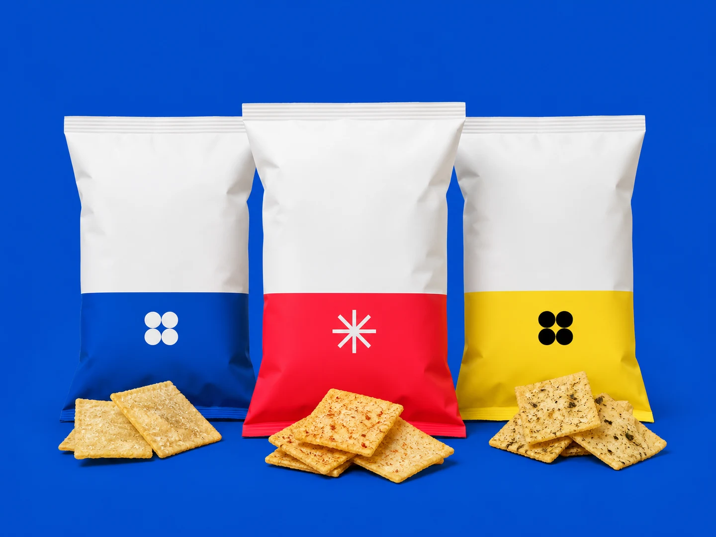 Tiga paket Bite Block tanpa teks dalam warna biru, koral, dan kuning bersama keripik singkong kotak.