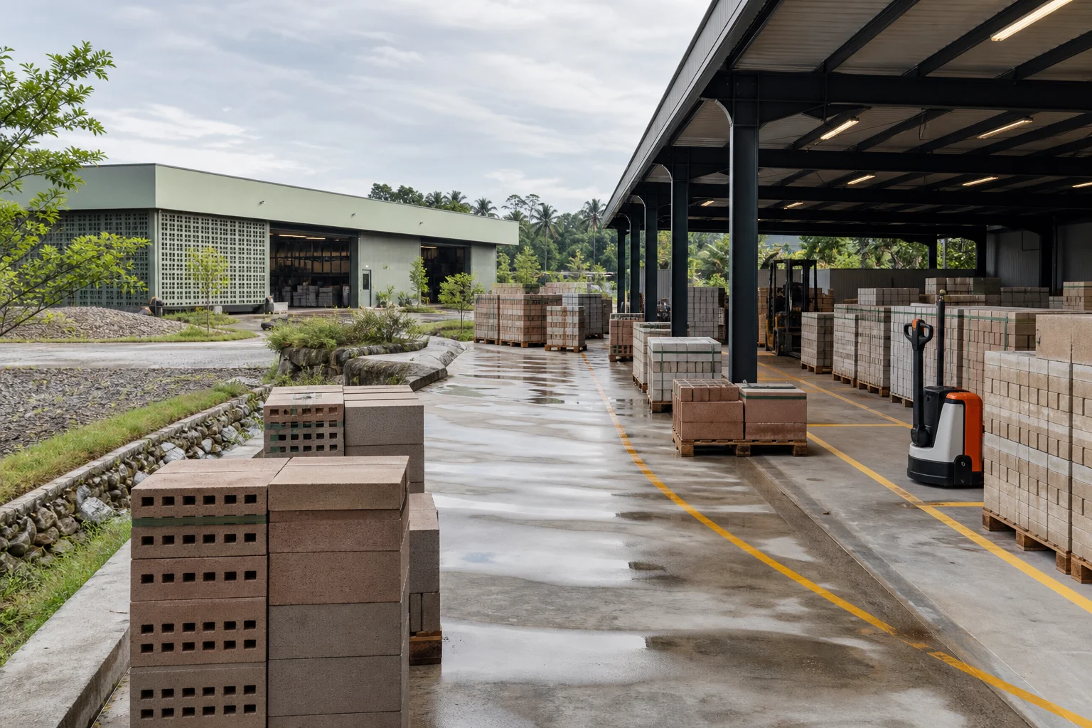 Palet masonry Loop Kiln tersusun di area pengiriman terang di Jawa Barat.