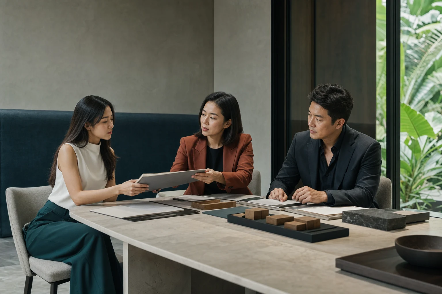 Tiga penasihat membandingkan catatan keputusan di meja batu.