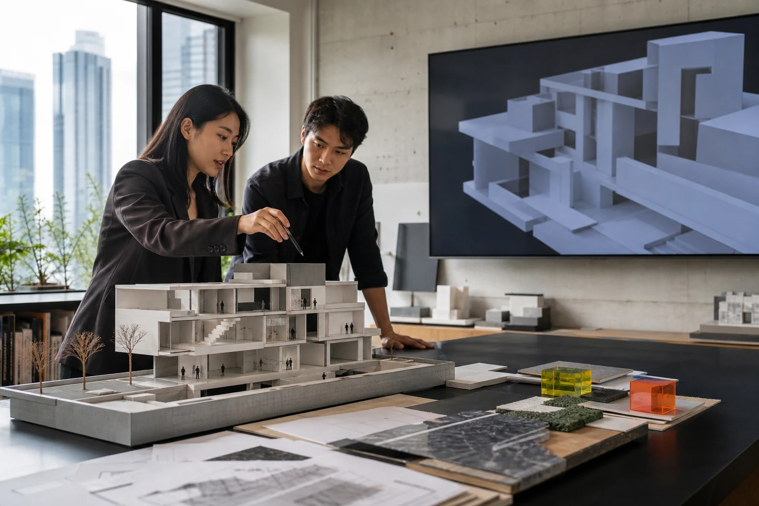 Arsitek membandingkan model bangunan fisik dengan tampilan proyek spasial di studio kontemporer.