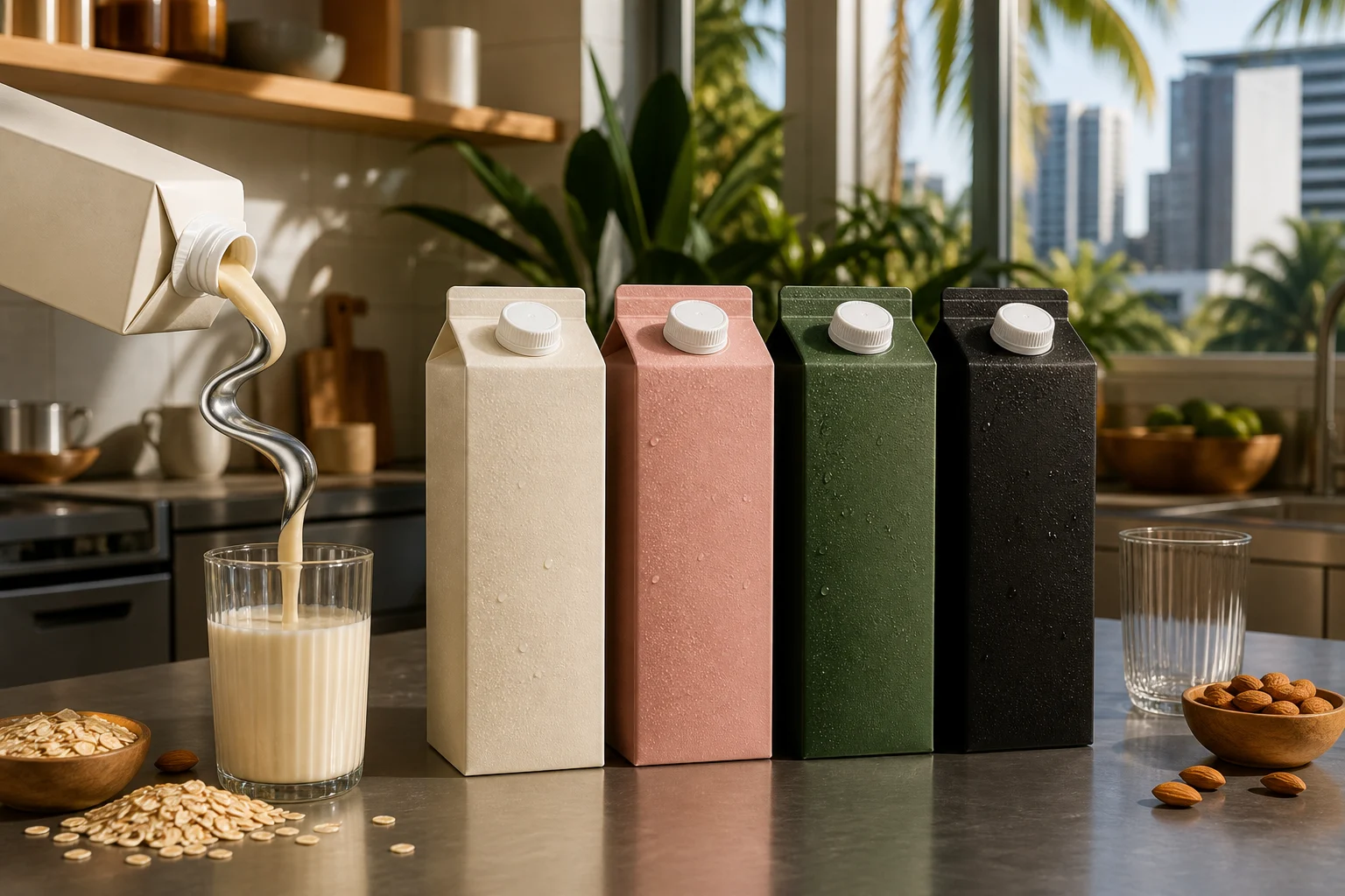 Empat karton minuman Mirror Milk di samping aliran minuman nabati reflektif.