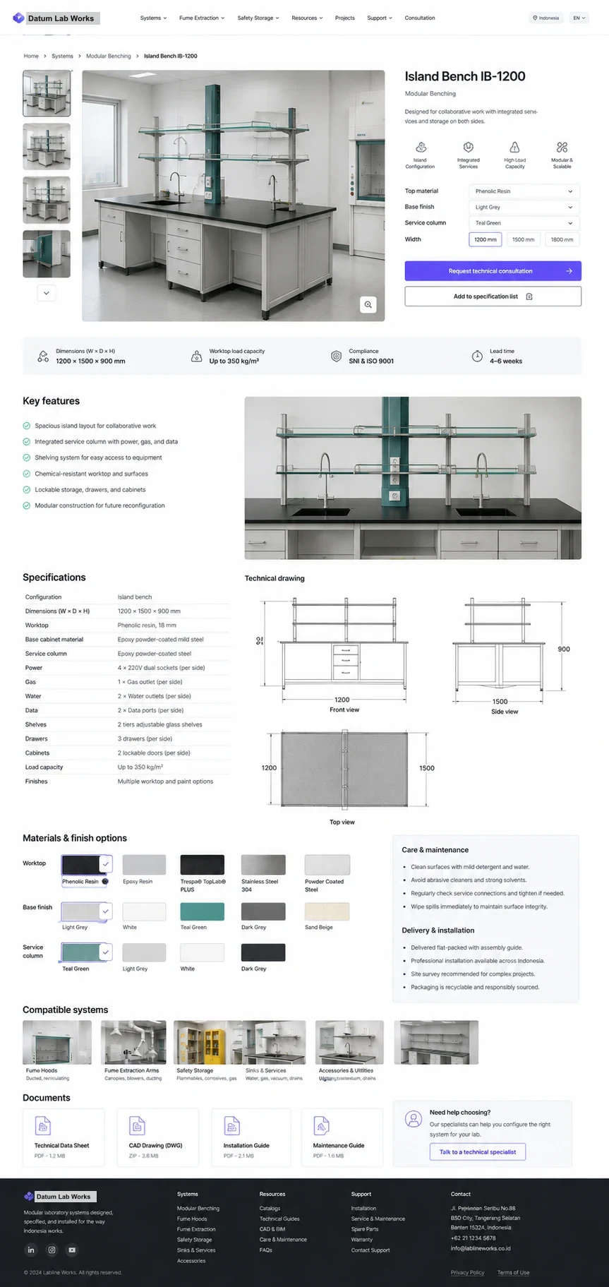 Datum Lab Works: konsep visual halaman Detail Produk lengkap untuk b2b & technical catalog.