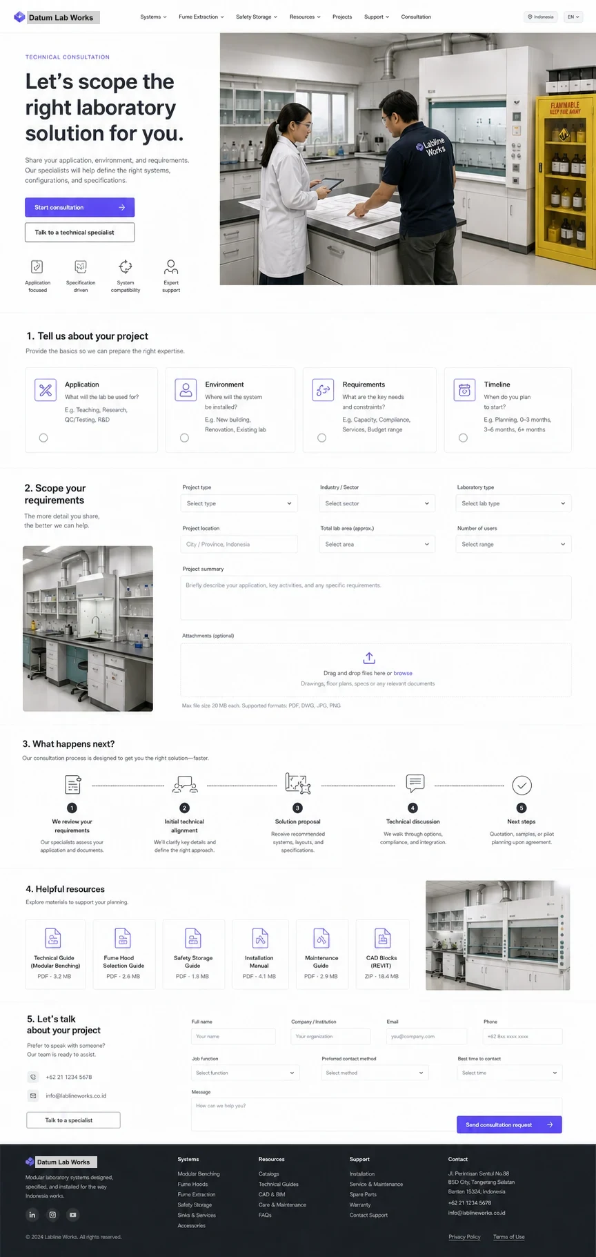 Datum Lab Works: konsep visual halaman Konsultasi Teknis lengkap untuk b2b & technical catalog.
