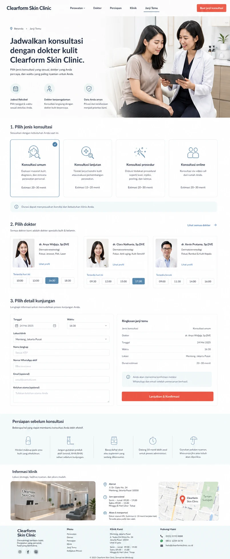 Clearform Skin Clinic: konsep visual halaman Janji Temu lengkap.