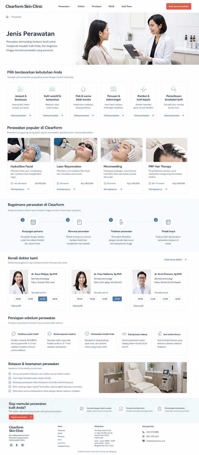 Clearform Skin Clinic: konsep visual halaman Jenis Perawatan lengkap.