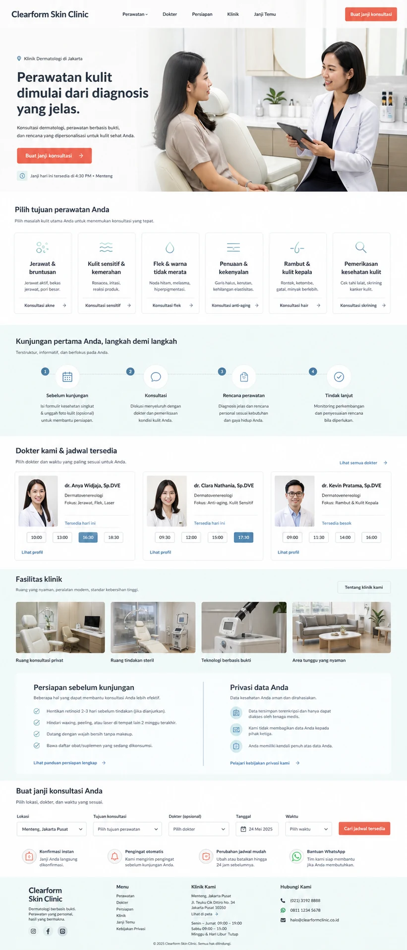 Clearform Skin Clinic: konsep visual halaman beranda lengkap untuk clinic & healthcare.