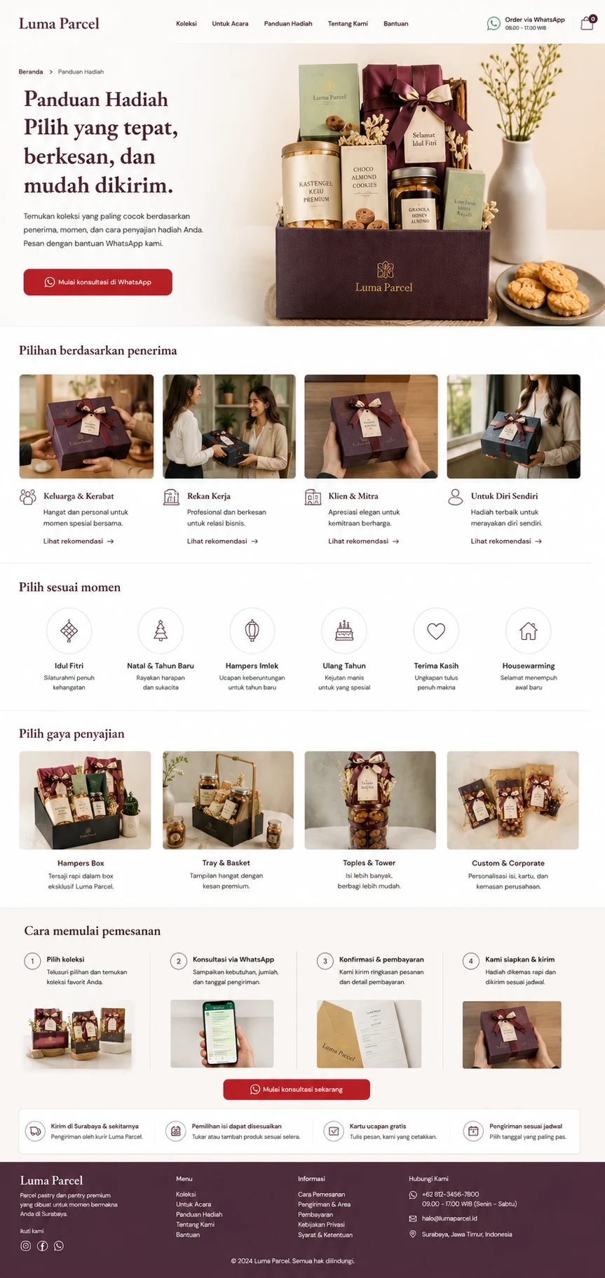 Luma Parcel: konsep visual halaman Panduan Hadiah lengkap.