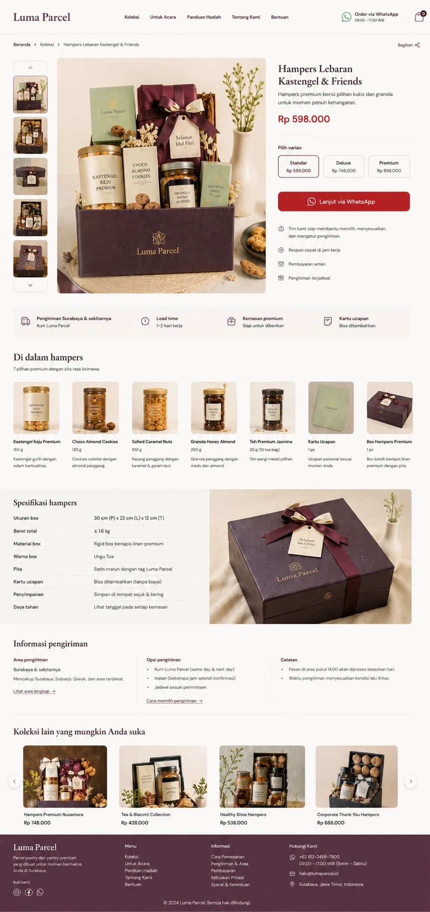 Luma Parcel: konsep visual halaman Detail Produk lengkap.