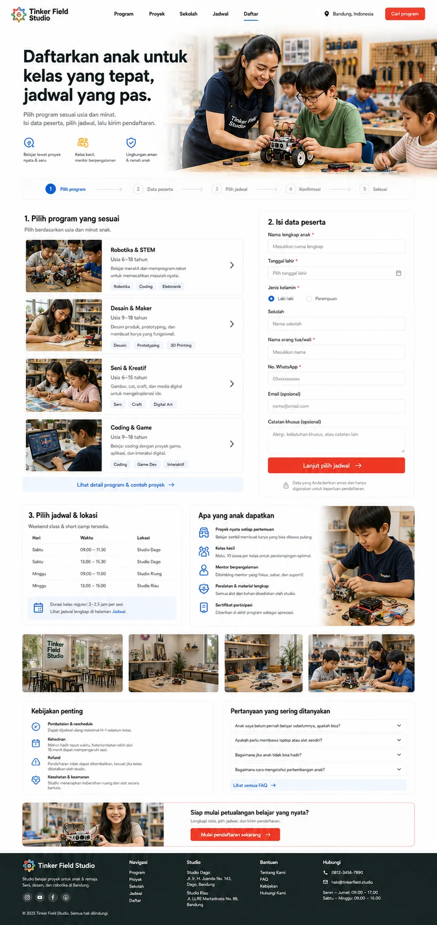 Tinker Field Studio: konsep visual halaman Daftar lengkap.