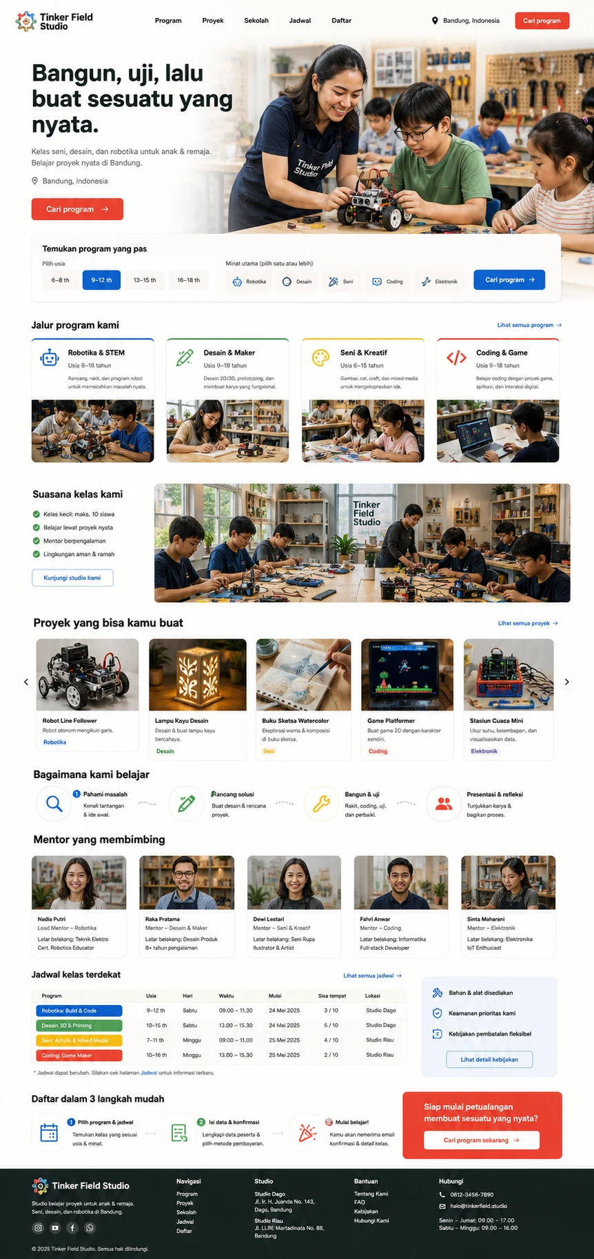 Tinker Field Studio: konsep visual halaman beranda lengkap untuk education & training.