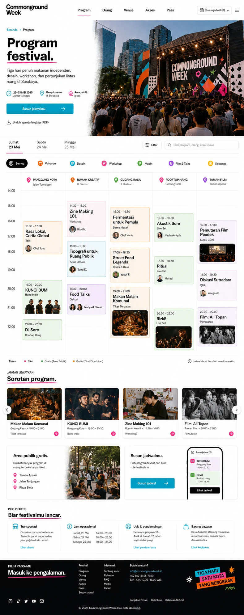 Common Ground Week: konsep visual halaman Program lengkap.