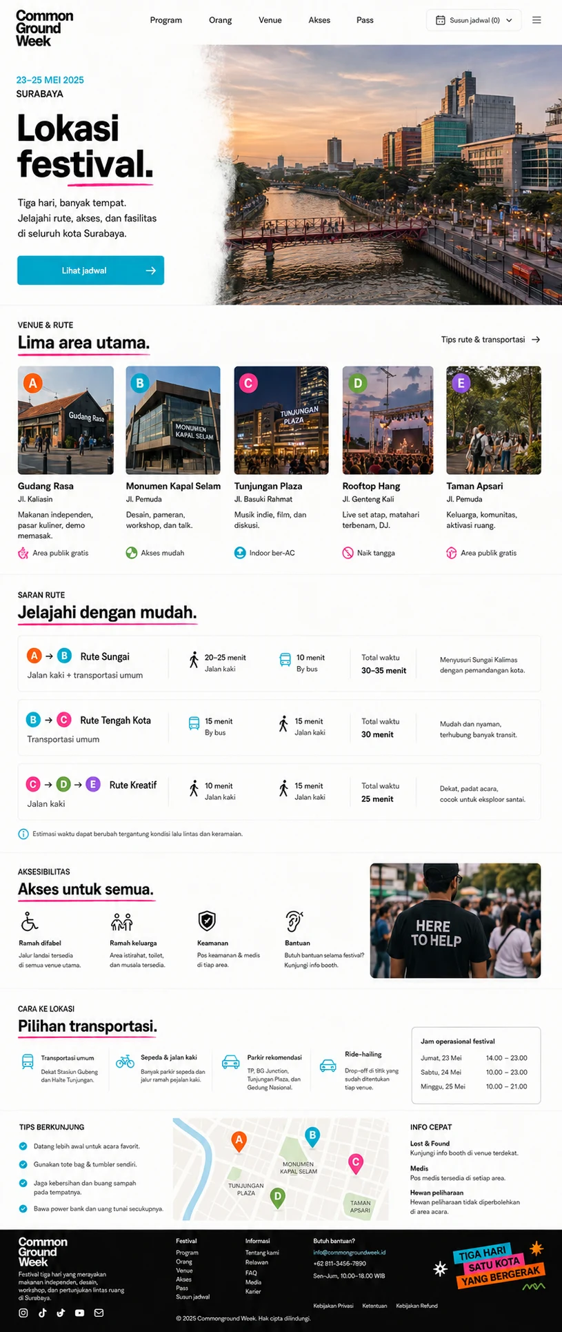 Common Ground Week: konsep visual halaman Lokasi lengkap.