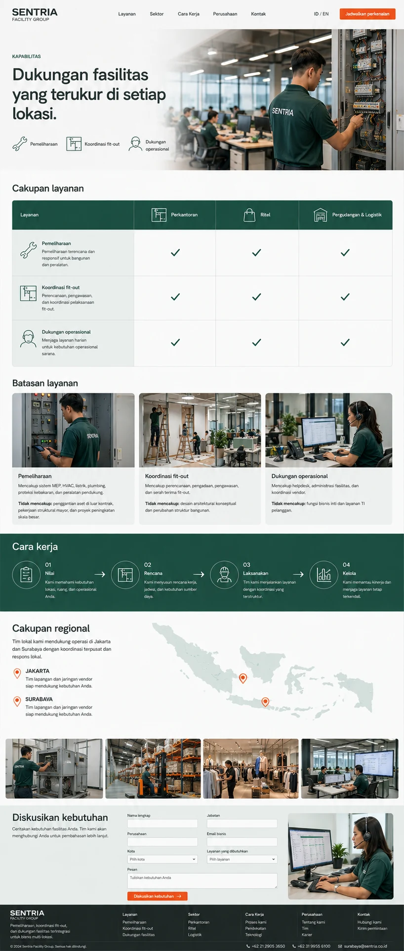 Sentria Facility Group: konsep visual halaman Kapabilitas lengkap untuk general company profile.