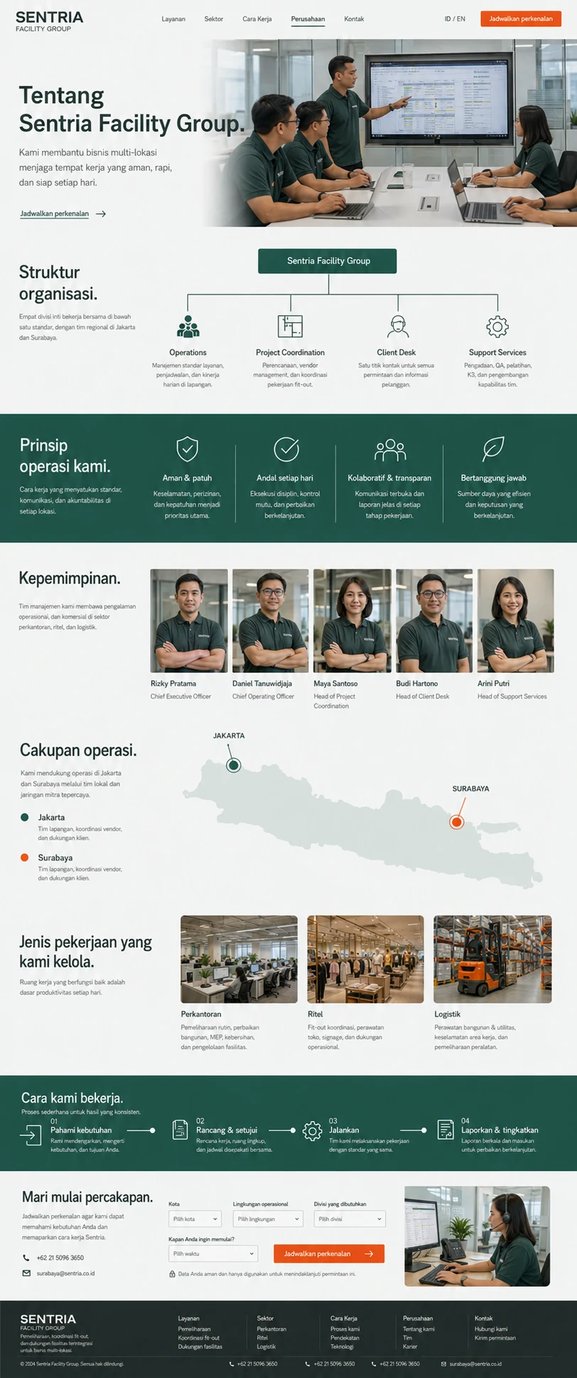 Sentria Facility Group: konsep visual halaman Perusahaan lengkap untuk general company profile.