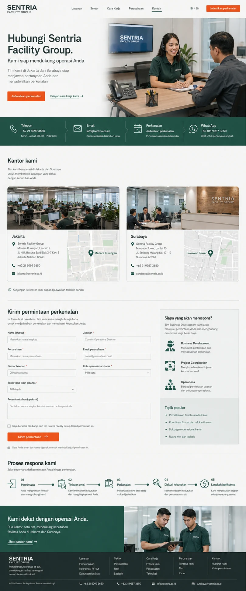Sentria Facility Group: konsep visual halaman Kontak lengkap untuk general company profile.