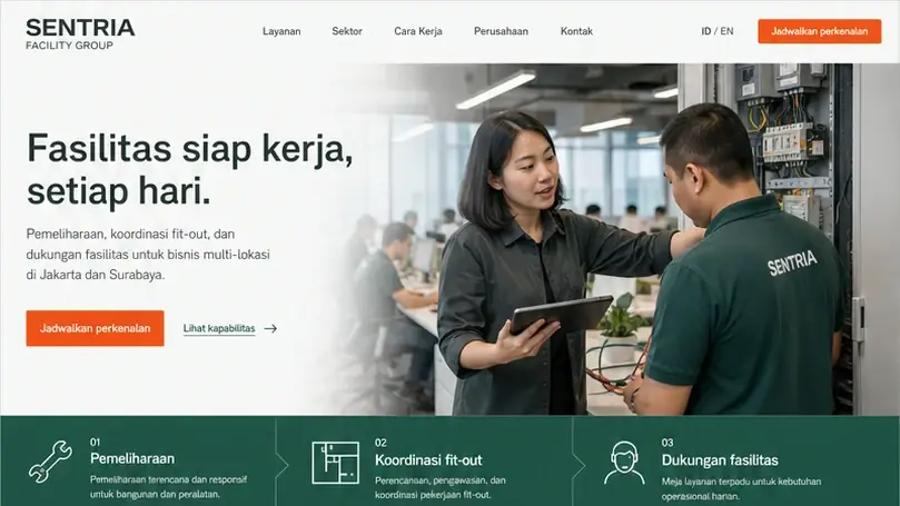 Sentria Facility Group: konsep visual halaman beranda lengkap untuk general company profile.