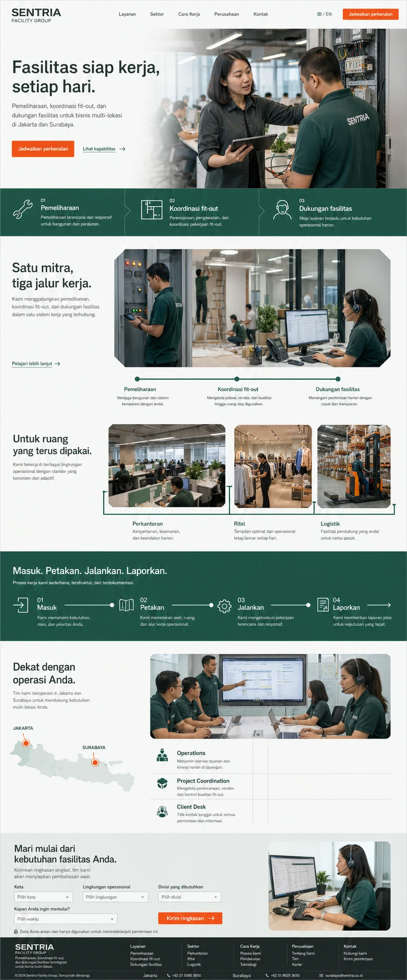 Sentria Facility Group: konsep visual halaman beranda lengkap untuk general company profile.