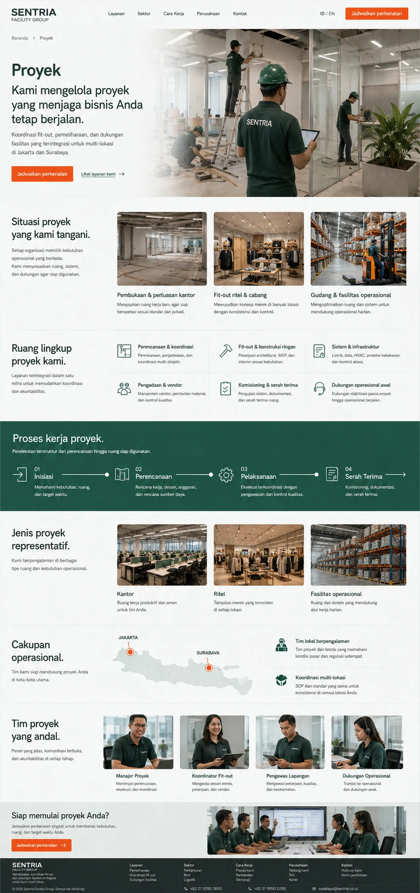 Sentria Facility Group: konsep visual halaman Proyek lengkap untuk general company profile.