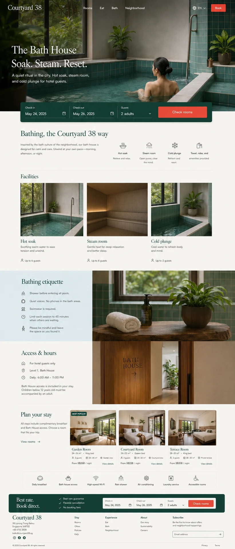 Courtyard 38: konsep visual halaman Pemandian lengkap untuk hotel & accommodation.