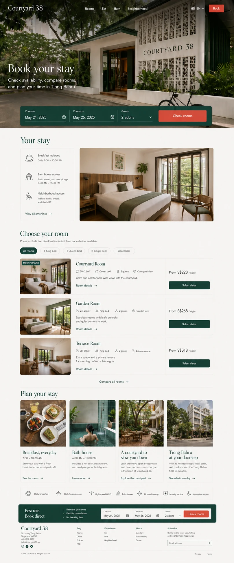Courtyard 38: konsep visual halaman Pemesanan lengkap untuk hotel & accommodation.