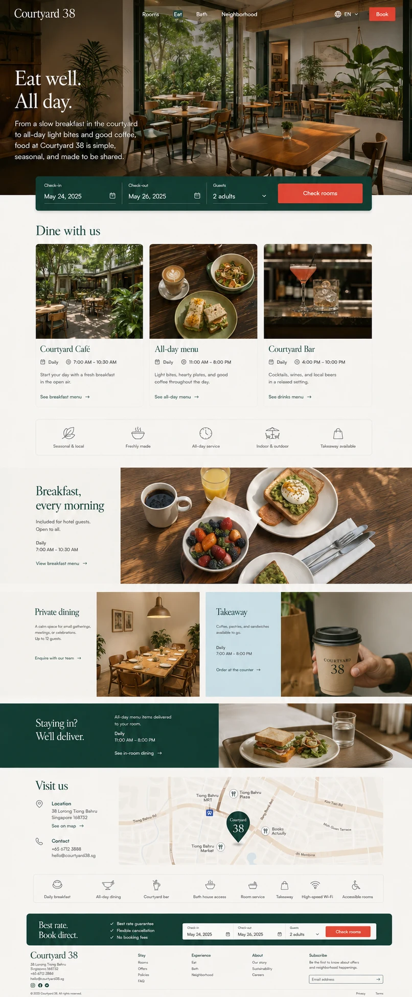 Courtyard 38: konsep visual halaman Bersantap lengkap untuk hotel & accommodation.