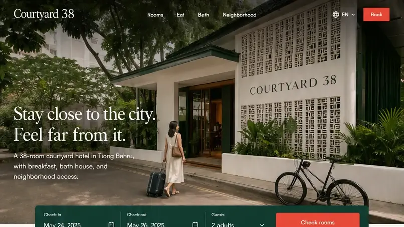Courtyard 38: Courtyard 38: konsep visual halaman Beranda lengkap untuk hotel & accommodation.