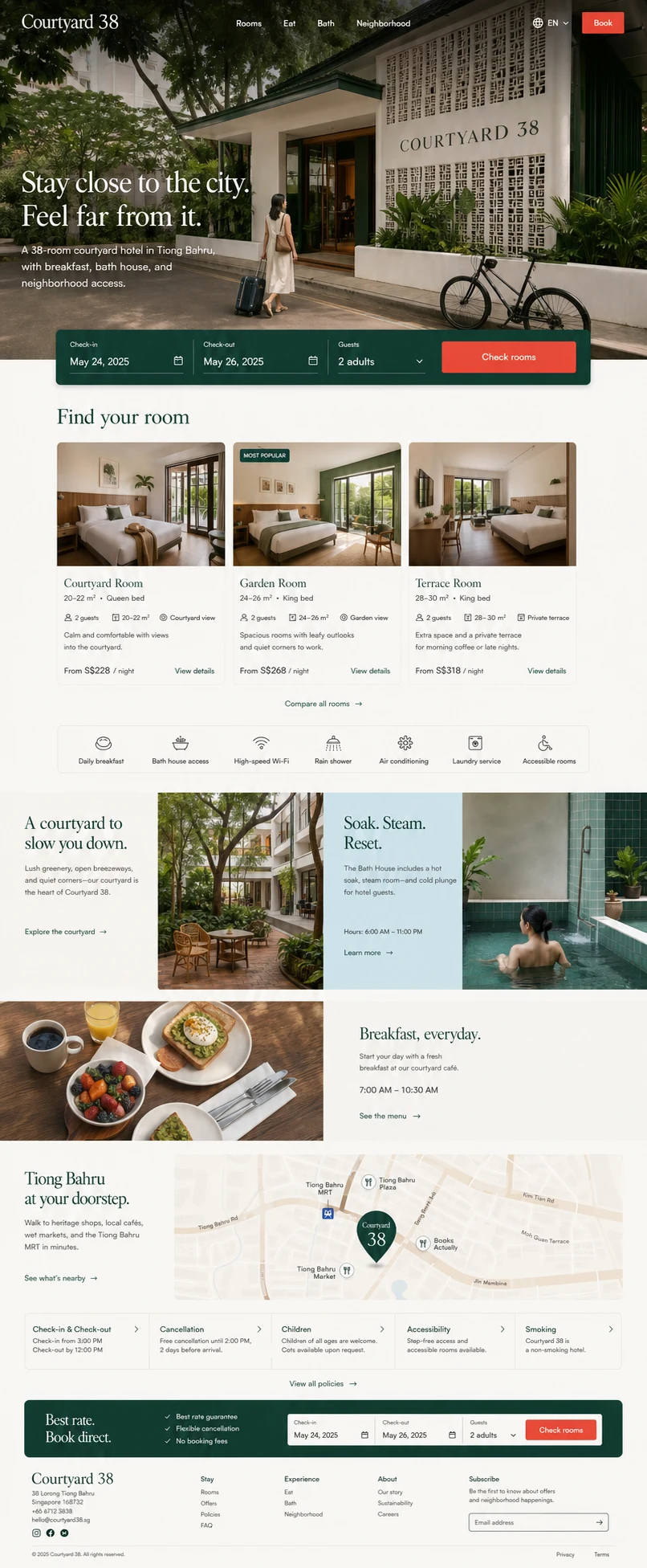 Courtyard 38: konsep visual halaman Beranda lengkap untuk hotel & accommodation.