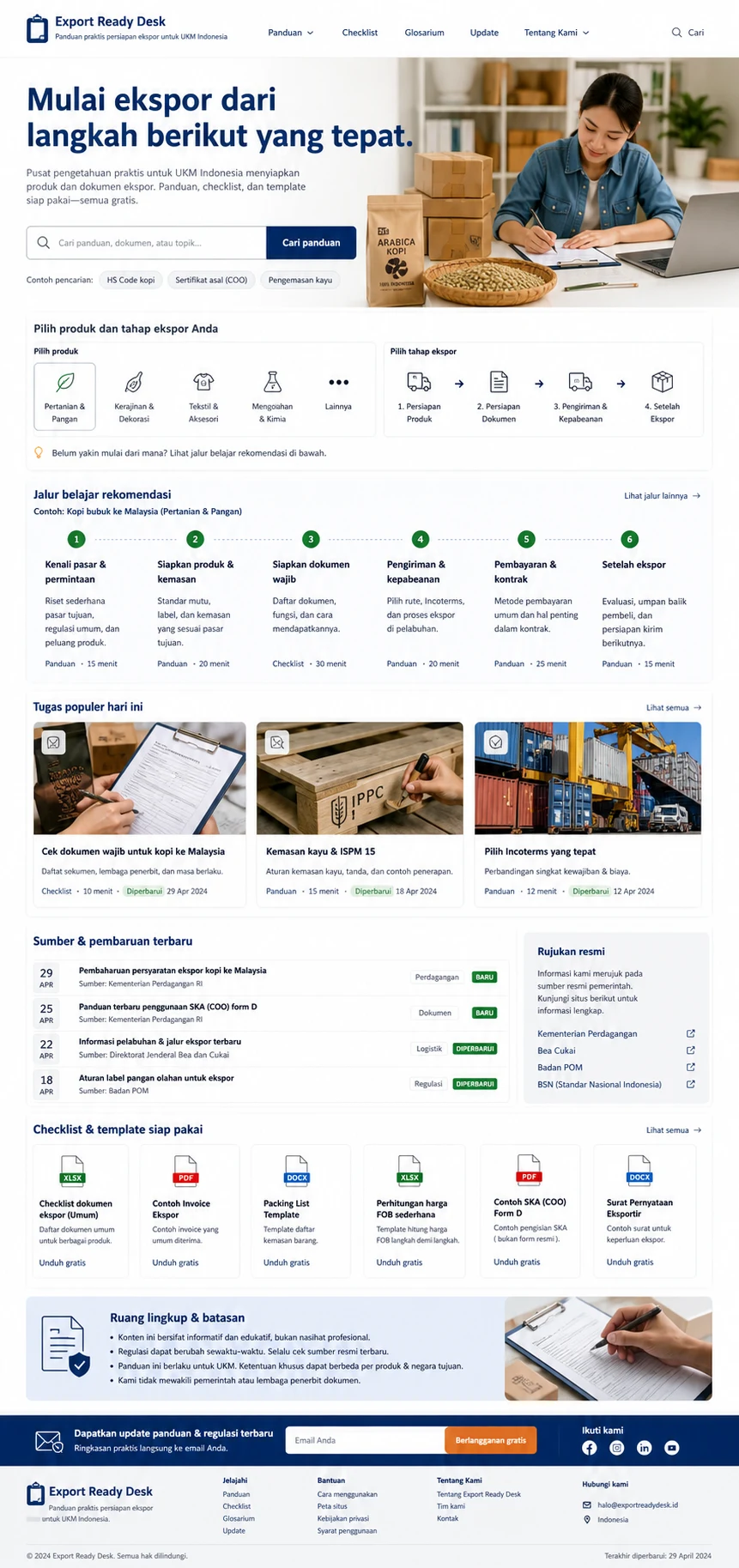 Export Ready Desk: konsep visual halaman beranda lengkap untuk knowledge & resource website.