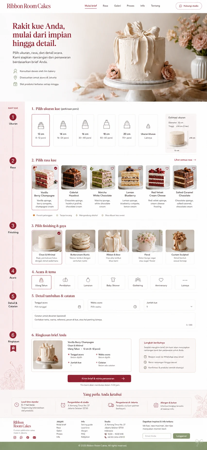 Ribbon Room Cakes: konsep visual halaman Rakit Kue lengkap.