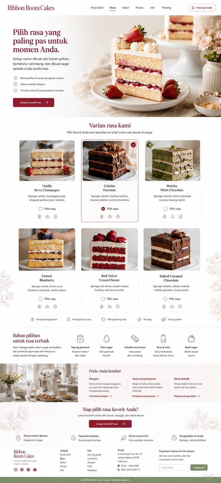 Ribbon Room Cakes: konsep visual halaman Varian Rasa lengkap.