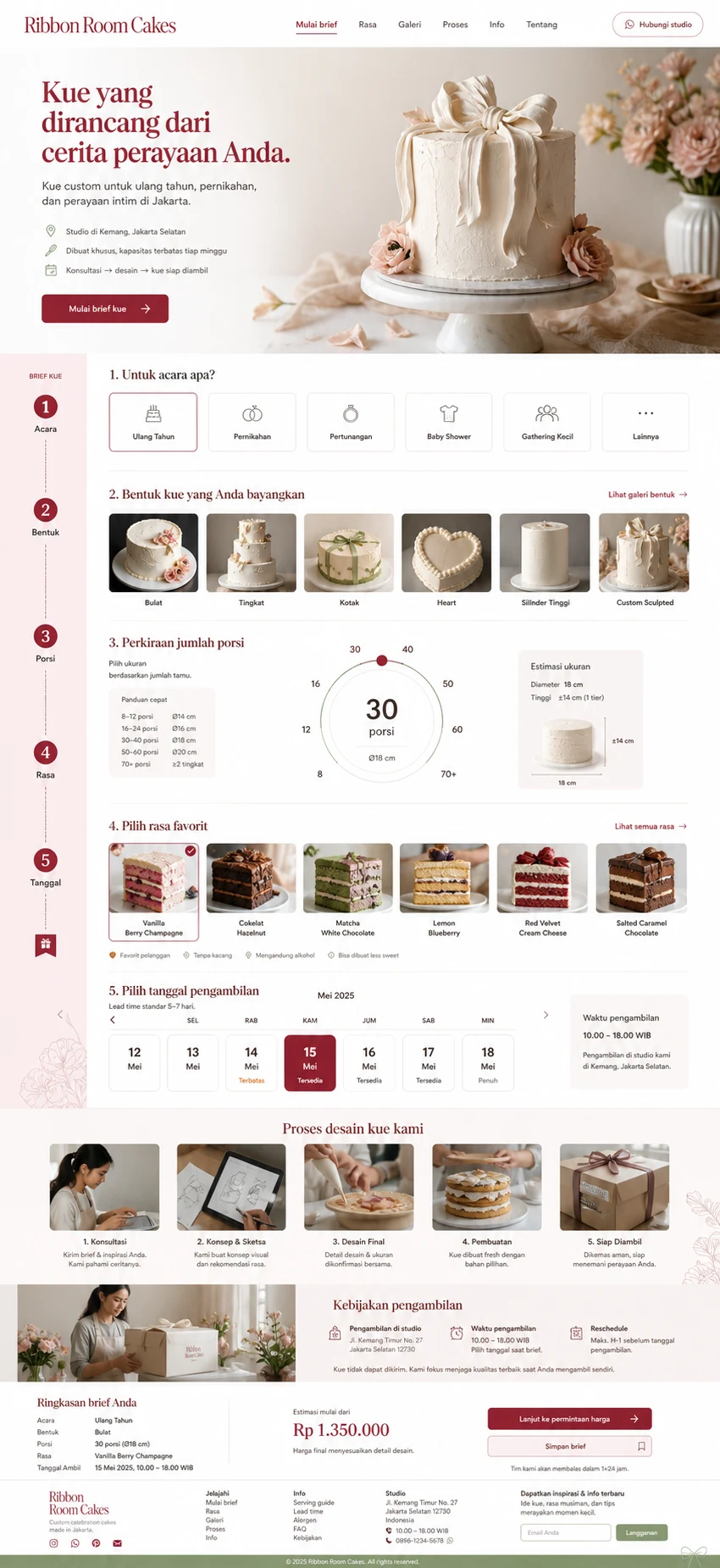 Ribbon Room Cakes: konsep visual halaman beranda lengkap untuk made-to-order & quote website.