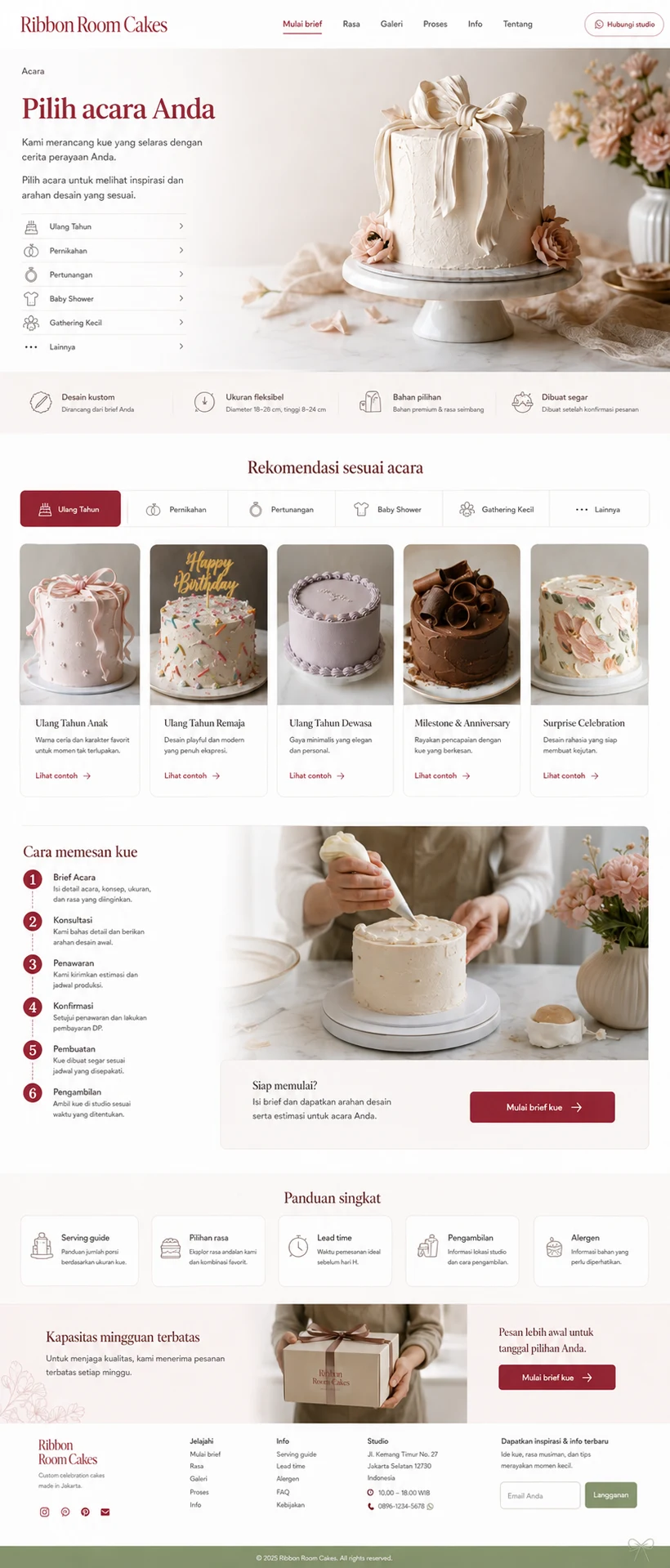 Ribbon Room Cakes: konsep visual halaman Acara lengkap.