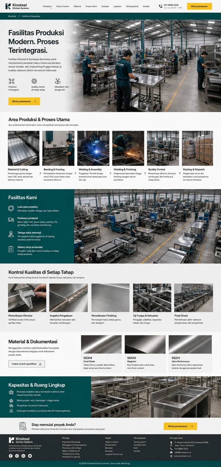 Kinsteel Kitchen Systems: konsep visual halaman Fasilitas lengkap.
